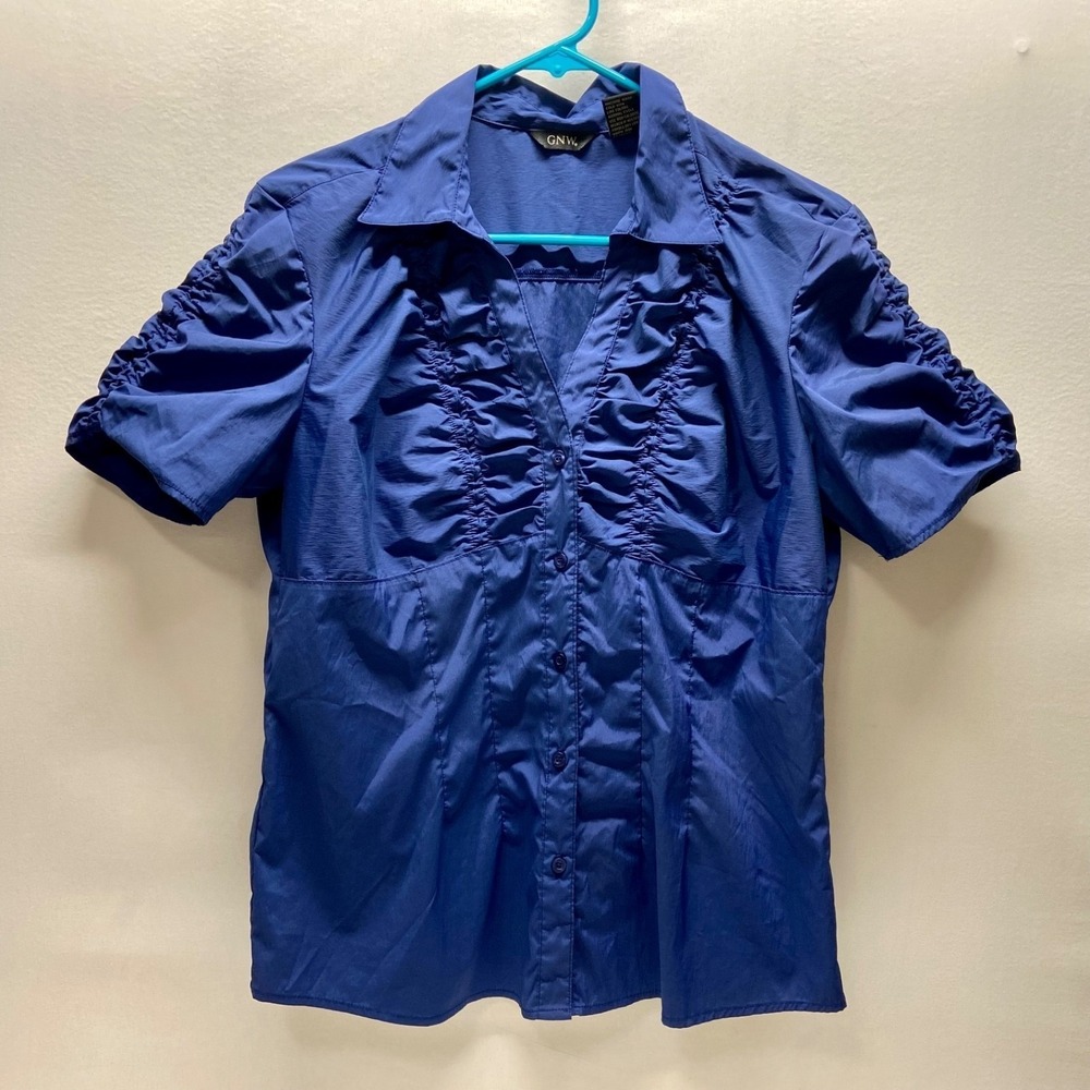 Great Northwest GNW Women Blue Ruched Button Down Blouse Short Sleeve Large